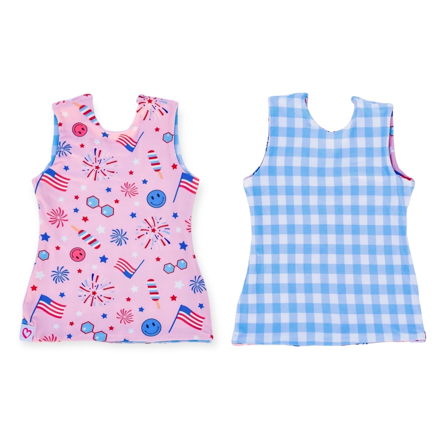 Fitted Top - RWB Smiley/Blue gingham  (Reversible)